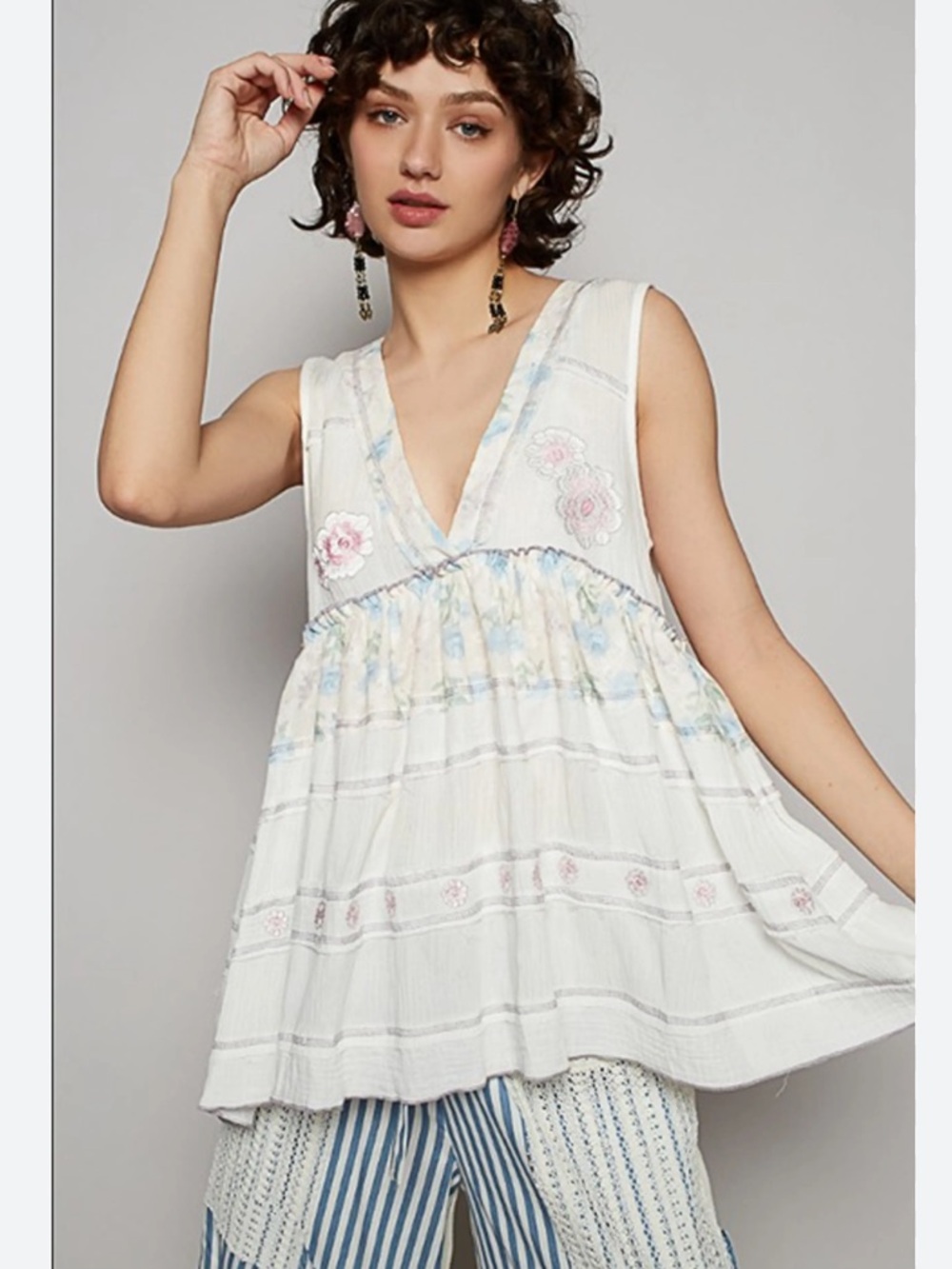 POL Boho Floral Embroidered Peplum Top Small Cottagecore Gauze
